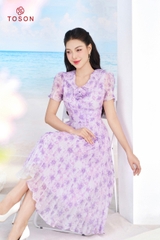 40049T14 - Đầm tơ tím dập ly xòe