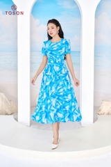 43090X94 - Đầm silk loang xanh, xếp nhún eo