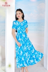 43090X94 - Đầm silk loang xanh, xếp nhún eo