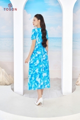 43090X94 - Đầm silk loang xanh, xếp nhún eo