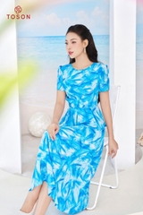43090X94 - Đầm silk loang xanh, xếp nhún eo