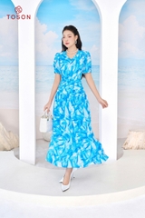 44081H14 - Đầm xanh dáng xòe nhún eo - lụa silk