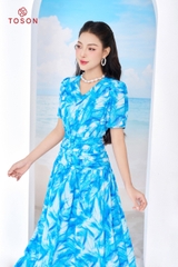 44081H14 - Đầm xanh dáng xòe nhún eo - lụa silk