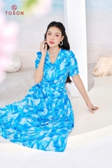 44081H14 - Đầm xanh dáng xòe nhún eo - lụa silk