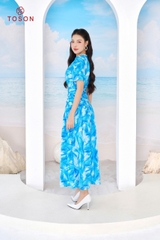 44081H14 - Đầm xanh dáng xòe nhún eo - lụa silk