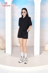 12063B14 - Áo lụa đen cổ đức nẹp bấu mí