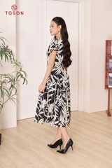 43075B94 - Đầm xòe 3 tầng, lụa họa tiết đen - trắng