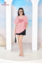 AP550P24 - Áo cotton kẻ hồng sen, form rộng, in chữ