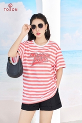 AP550P24 - Áo cotton kẻ hồng sen, form rộng, in chữ