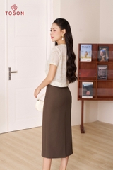 38011N14 - Chân váy nâu bút chì, cạp moi đính cúc
