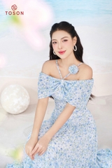 48100X95 - Đầm maxi trễ vai. voan hoa nhí xanh