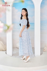 48100X95 - Đầm maxi trễ vai. voan hoa nhí xanh