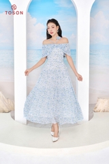 48100X95 - Đầm maxi trễ vai. voan hoa nhí xanh