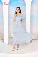 48100X95 - Đầm maxi trễ vai. voan hoa nhí xanh