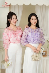 14023T94 - Áo sơ mi tơ hoa tím, xếp nhún bèo