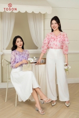 14023T94 - Áo sơ mi tơ hoa tím, xếp nhún bèo