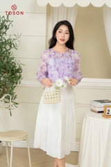14023T94 - Áo sơ mi tơ hoa tím, xếp nhún bèo
