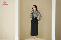 12586H14 - Áo silk kẻ đen trắng, cổ buộc nơ