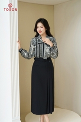 12586H14 - Áo silk kẻ đen trắng, cổ buộc nơ