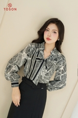 12586H14 - Áo silk kẻ đen trắng, cổ buộc nơ