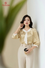 11506H94 - Áo lụa họa tiết vàng, cổ nơ phối