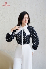 12613J14 - Áo lụa chấm bi phối nơ trắng