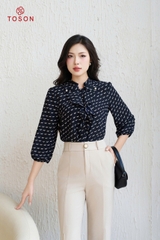 11110 - Áo chiffon họa tiết, cổ tàu xếp bèo