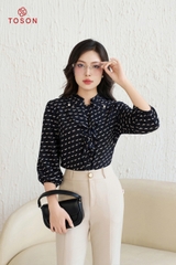 11110 - Áo chiffon họa tiết, cổ tàu xếp bèo