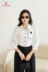 16609W94 - Áo lụa trắng gạo, cổ đức lé đen