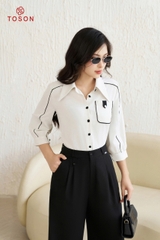 16609W94 - Áo lụa trắng gạo, cổ đức lé đen