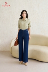 10055X14 - Áo thô kẻ xanh cốm, cổ đức form rộng