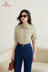 10055X14 - Áo thô kẻ xanh cốm, cổ đức form rộng