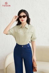 10055X14 - Áo thô kẻ xanh cốm, cổ đức form rộng