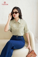 10055X14 - Áo thô kẻ xanh cốm, cổ đức form rộng