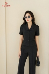 S1249B14 - Bộ đen kẻ tuýp si: áo cổ sam + Quần