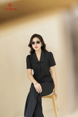S1249B14 - Bộ đen kẻ tuýp si: áo cổ sam + Quần