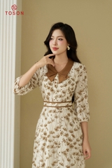 43525N94 - Đầm tơ hoa cổ sen phối nâu