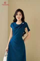44268X14 - Đầm xanh vai lệch phối nơ vai