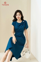 44268X14 - Đầm xanh vai lệch phối nơ vai