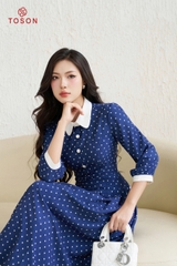 44536J94 - Đầm xòe bò cotton chấm bi cổ trắng