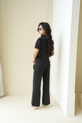 S1249B14 - Bộ đen kẻ tuýp si: áo cổ sam + Quần
