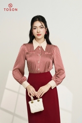 12105K14 - Áo sơ mi lụa kẻ đỏ cố đức phối be