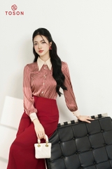 12105K14 - Áo sơ mi lụa kẻ đỏ cố đức phối be