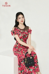 49622H94 - Đầm lụa in hoa, vai trễ cách điệu nơ ( Limitted)