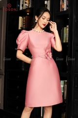 49552P61-  Đầm tiệc tafta hồng dáng A, eo đột chỉ đính hoa thủ công