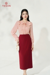 10630J14 - Áo lụa silk chấm bi đỏ, cổ buộc nơ