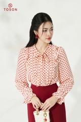 10630J14 - Áo lụa silk chấm bi đỏ, cổ buộc nơ