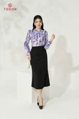 10618T14 - Áo lụa silk tím họa tiết xếp bèo