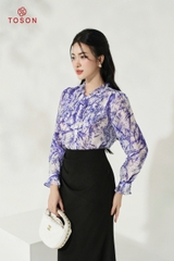 10618T14 - Áo lụa silk tím họa tiết xếp bèo