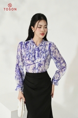 10618T14 - Áo lụa silk tím họa tiết xếp bèo